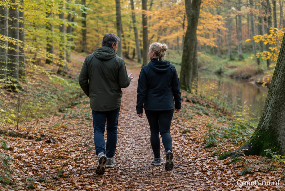 Coach en cliënt wandelen in het bos